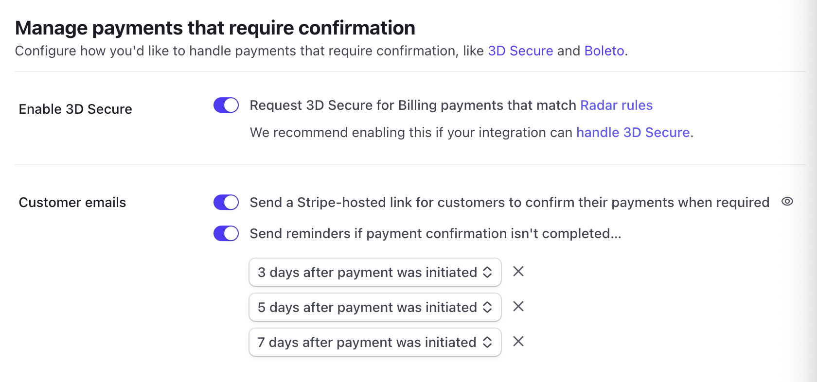 Stripe 3DS Settings screenshot showing where to enable authentication emails