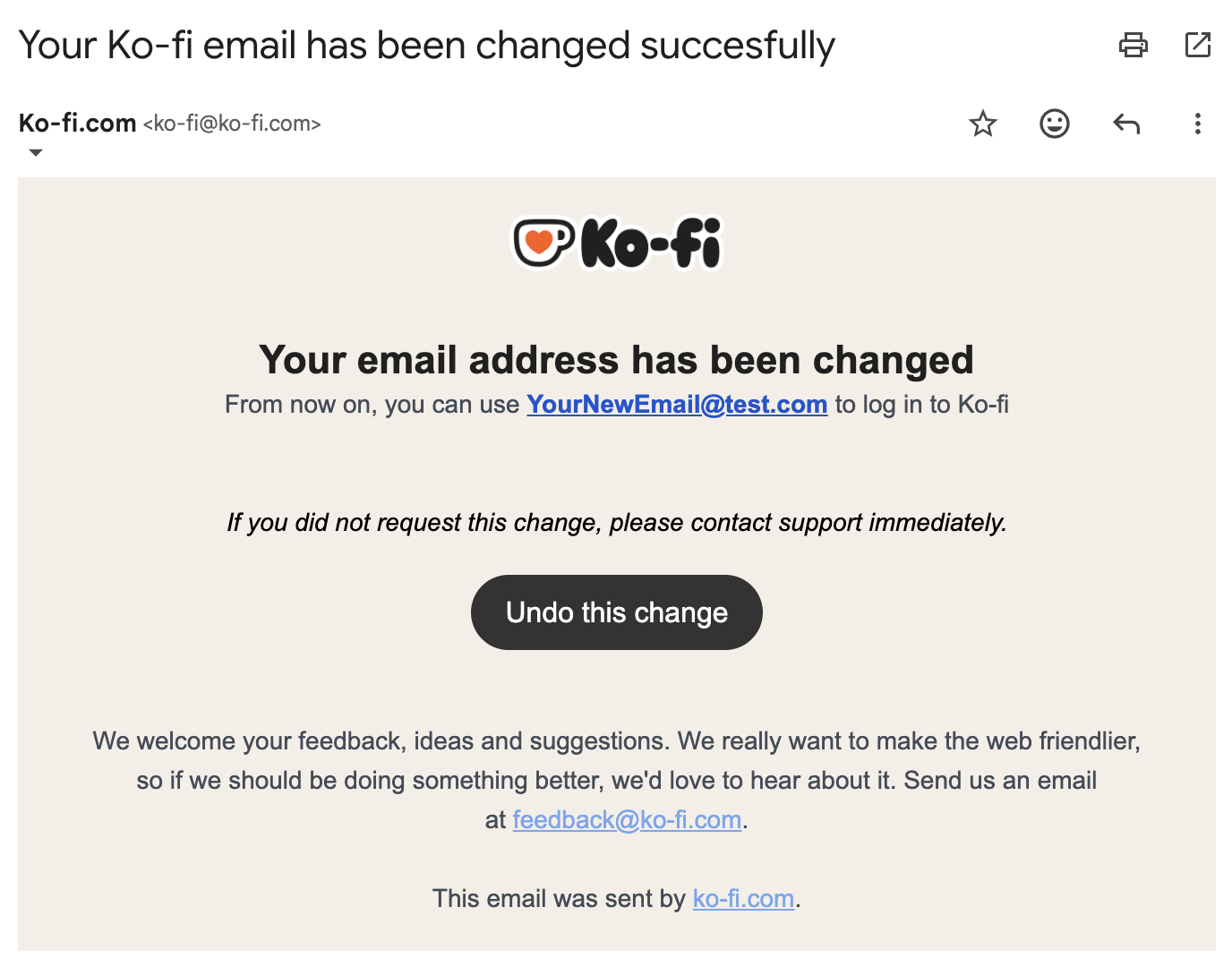 Your Ko-fi email has been changed successfully email