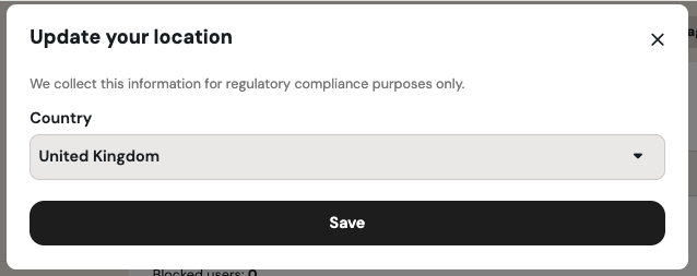 The Update your location pop-up, showing a Country dropdown set to United Kingdom and a Save button