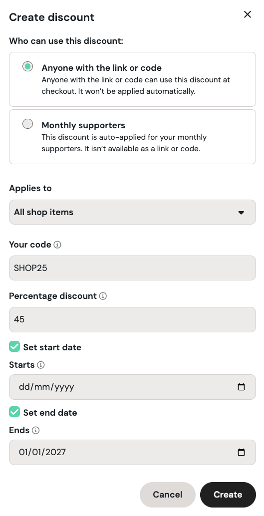 Create discount form showing audience options, Shop items or Commissions, code, percentage discount, start date and end date