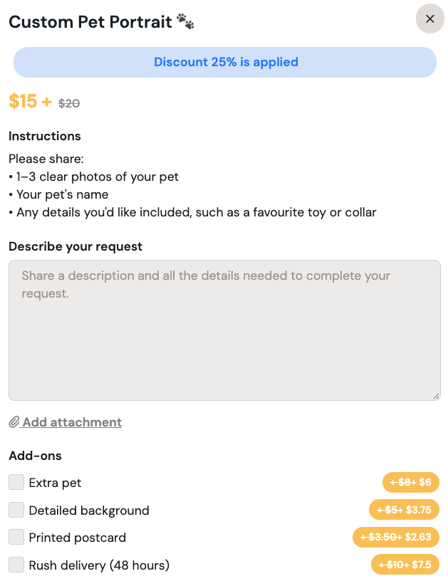 Commission listing with a discount applied from a discount link, showing the discounted price