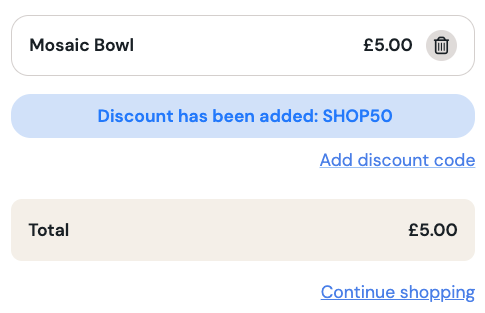 Checkout with a discount code entered and the discount applied to the total