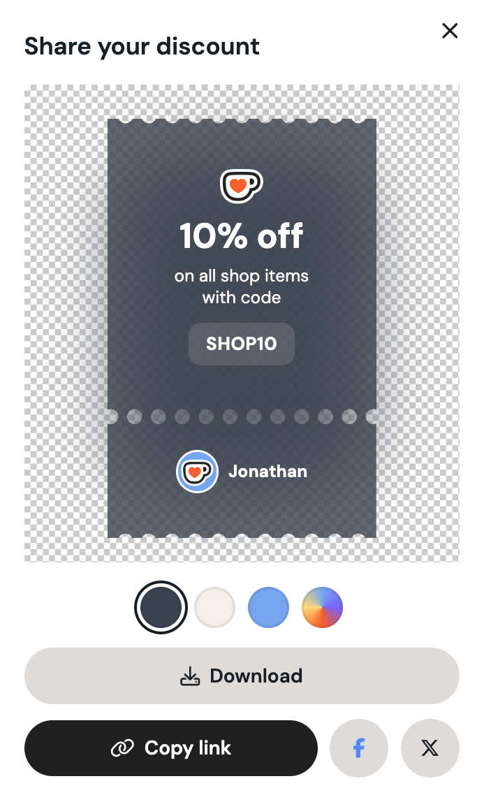 Share your discount window with a discount image, color options, and Download, Copy link, Facebook and X buttons