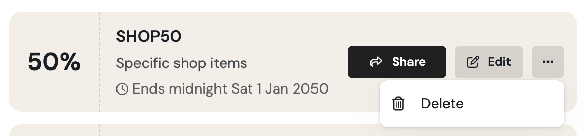 Discount row with the three dots menu open showing the Delete option