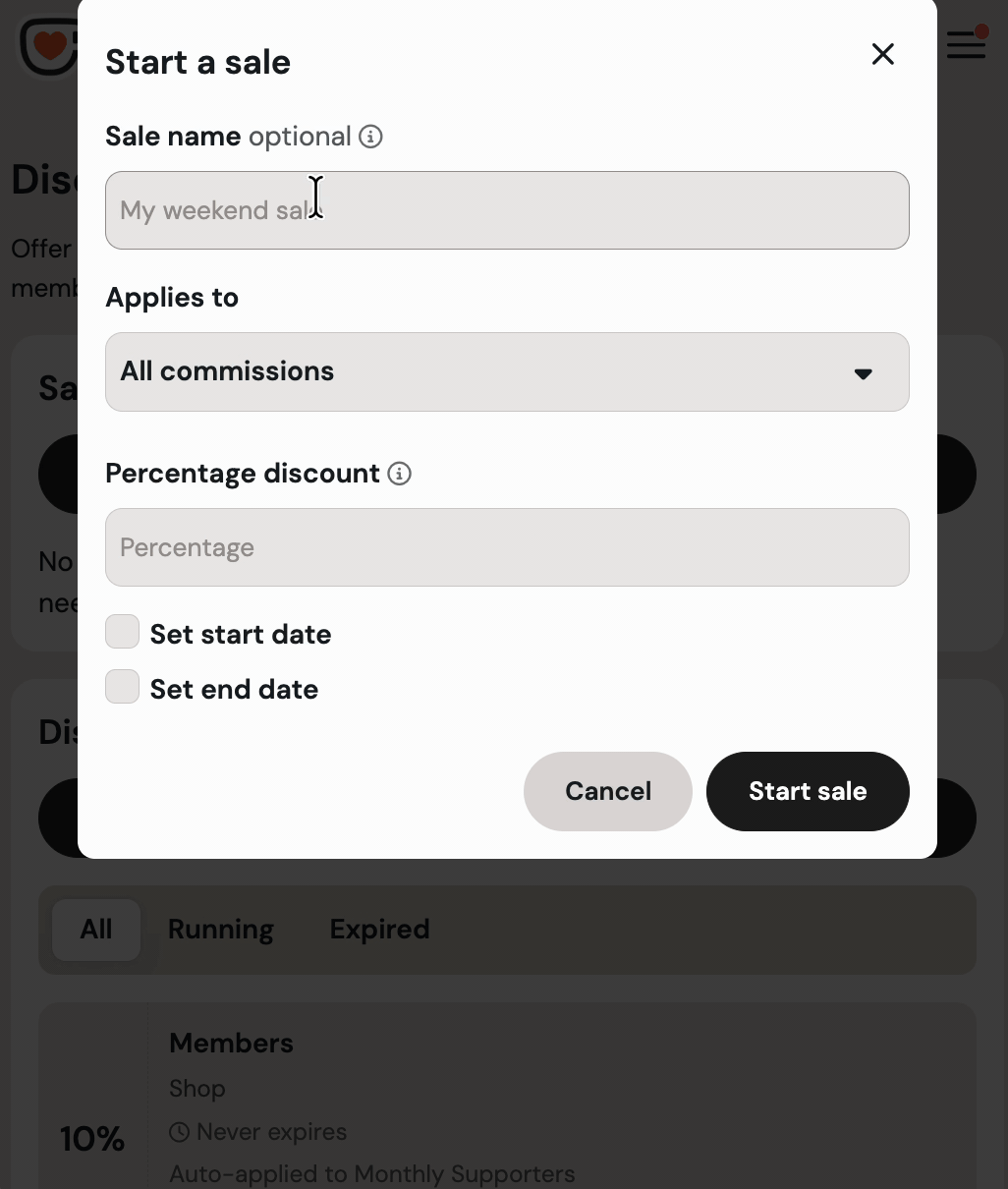 Starting a sale: naming the sale, choosing items, setting a percentage and dates, then clicking Start sale