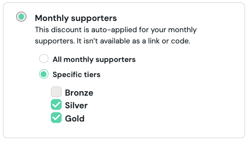 Discount audience options showing all monthly supporters and specific membership tiers