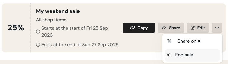 Live sale row on the Discounts page with Edit and End sale buttons
