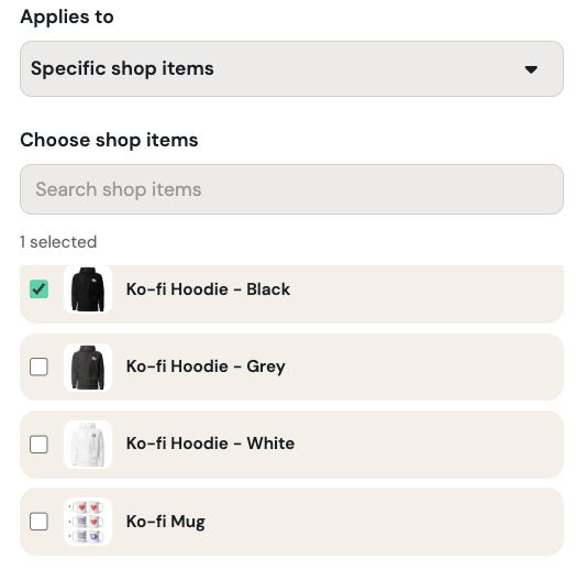 Discount form with a specific shop item selected
