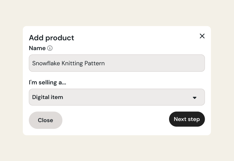 Ko-fi Shop settings page with the Add Product button and the choice between a digital file and a physical item