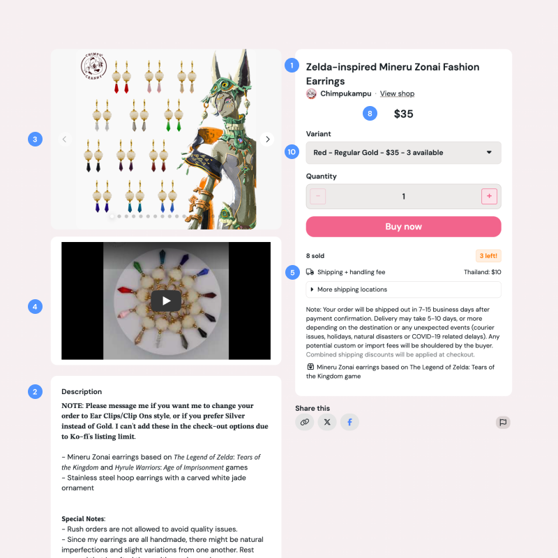 Add product form for a physical item, showing the numbered product information fields