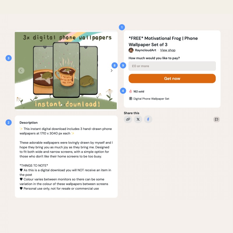 Add product form for a digital item, showing the numbered product information fields including assets