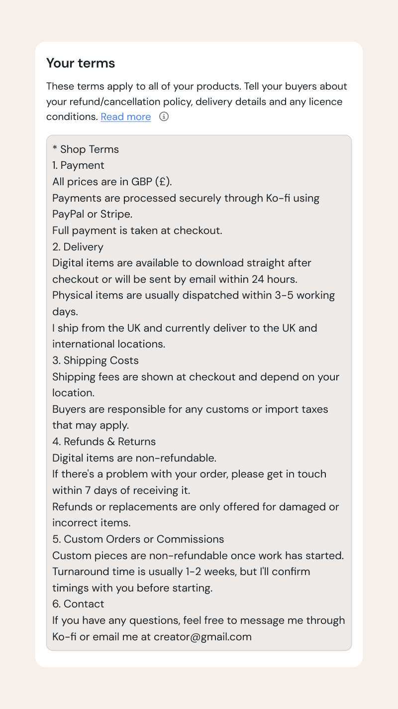 Shop settings with the standard terms text box that buyers agree to before checkout