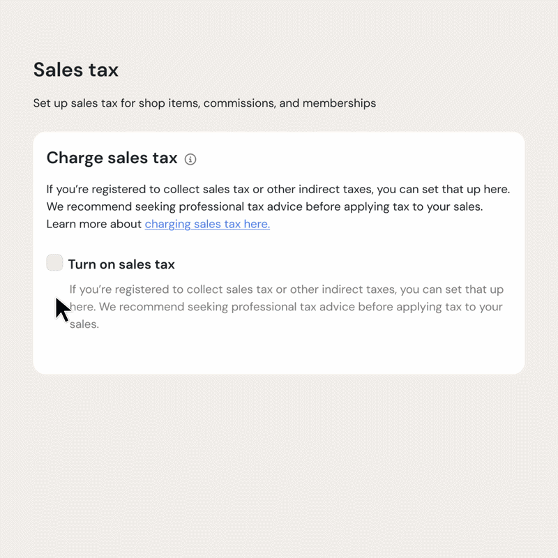 Adding a sales tax or VAT location and percentage on the Sales tax page under More, Account & Billing on Ko-fi