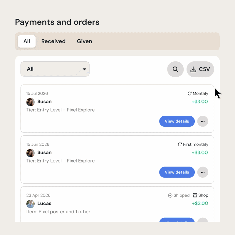 Downloading a CSV of payment history, including the tax breakdown, from the Payments and orders page on Ko-fi